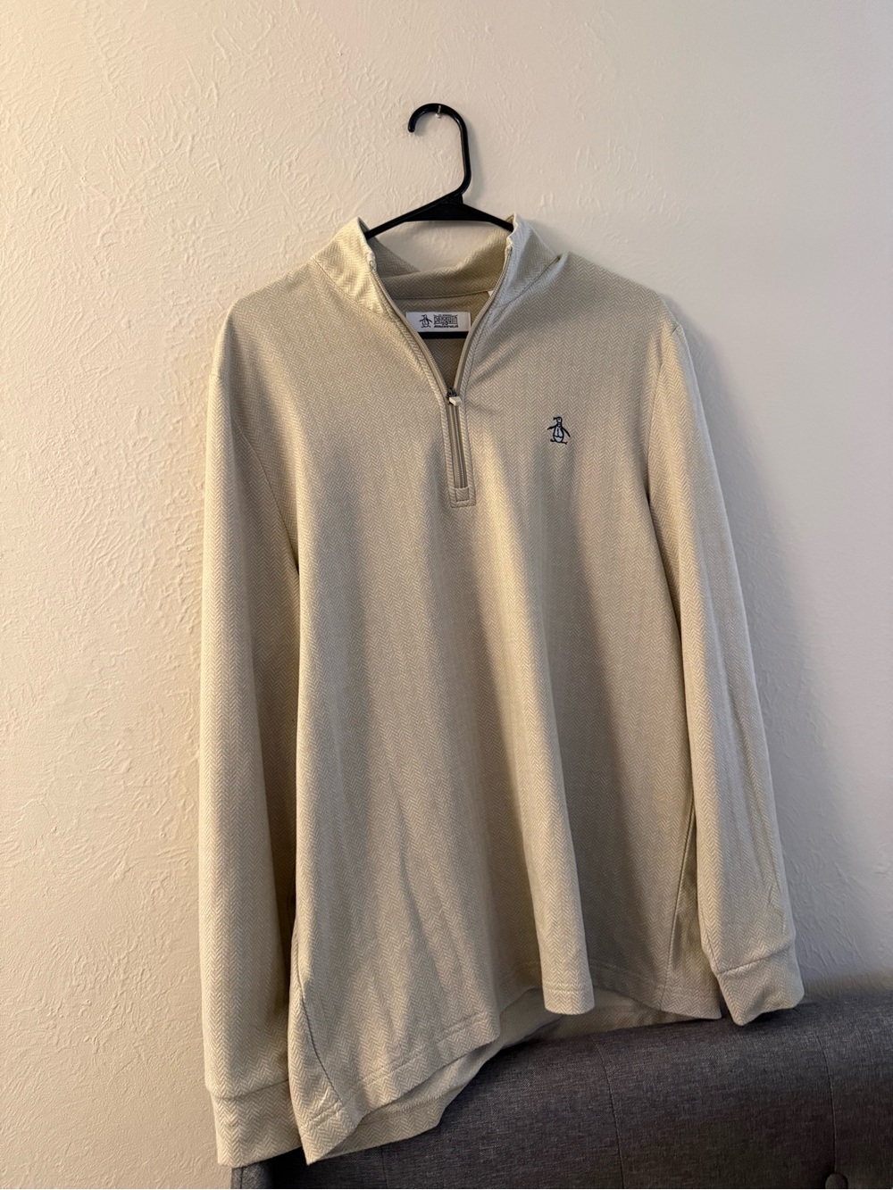 Original Penguin Cream Quarter-Zip Knit Pullover with Navy Logo